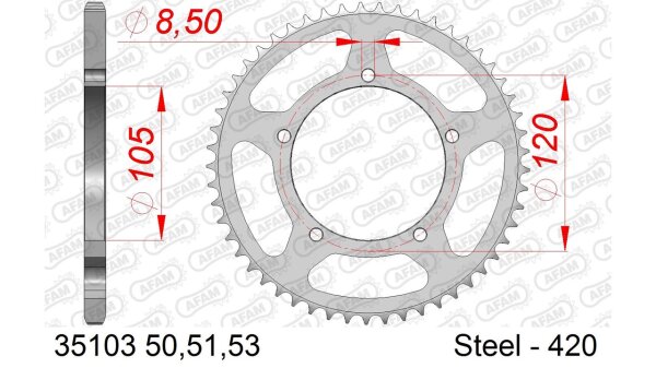 DC AFAM Stahl-Kettenrad 420 - 51Z (Silber) 35103-51| ID 105 LK 120 5-Loch