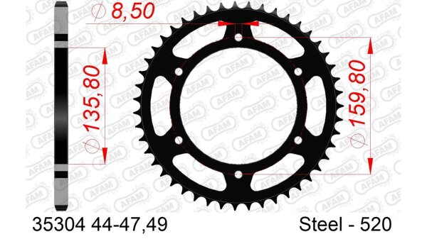 DC AFAM Stahl-Kettenrad 520 - 49Z (Schwarz) 35304-49| ID 135,8 LK 159,8 6-Loch