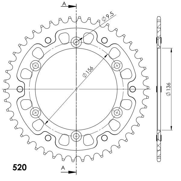 Supersprox Stealth-Kettenrad 520 - 44Z (rot) RST-1514:44-RED|ID 136,0 LK 156,0 6-Loch