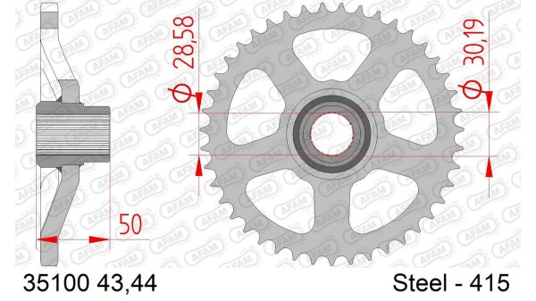 DC AFAM Stahl-Kettenrad 415 - 44Z (Silber) 35100-44| ID 0 LK 0-Loch