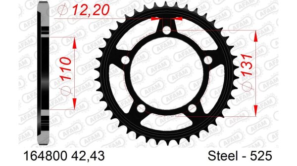 DC AFAM Stahl-Kettenrad 525 - 42Z (Schwarz) 164800-42| ID 110 LK 131 5-Loch