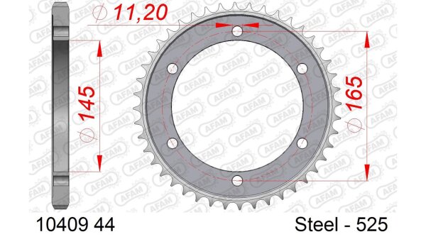 DC AFAM Stahl-Kettenrad 525 - 44Z (Silber) 10409-44| ID 145 LK 165 6-Loch