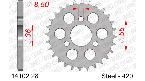 DC AFAM Stahl-Kettenrad 420 - 28Z (Silber) 14102-28| ID 36 LK 55 3-Loch