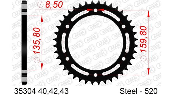 DC AFAM Stahl-Kettenrad 520 - 42Z (Schwarz) 35304-42| ID 135,8 LK 159,8 6-Loch