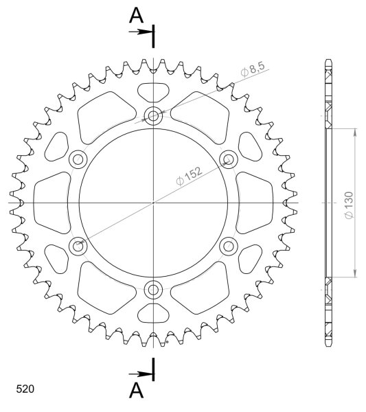 Supersprox Alu-Kettenrad 520 - 48Z (silber) RAL-244:48-SLV|ID 130,0 LK 152,0 6-Loch