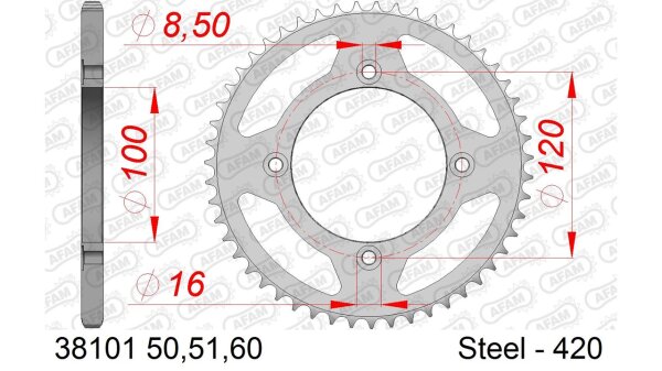 DC AFAM Stahl-Kettenrad 420 - 60Z (Silber) 38101-60| ID 100 LK 120 4-Loch