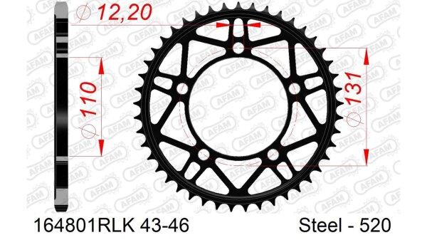 DC AFAM Racing Stahl-Kettenrad 520 - 44Z (Schwarz) 164801RLK-44| ID 110 LK 131 5-Loch