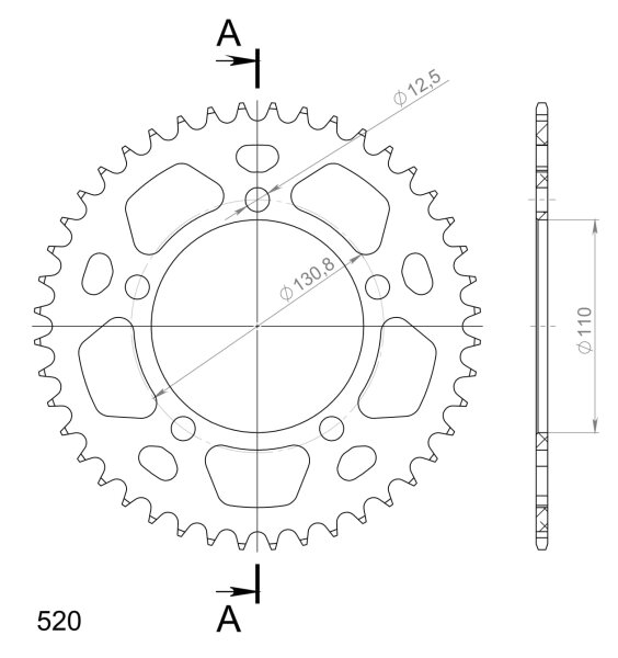 Supersprox Alu-Kettenrad 520 - 44Z (rot) RAL-7_520:44-RED|ID 110,0 LK 130,8 5-Loch