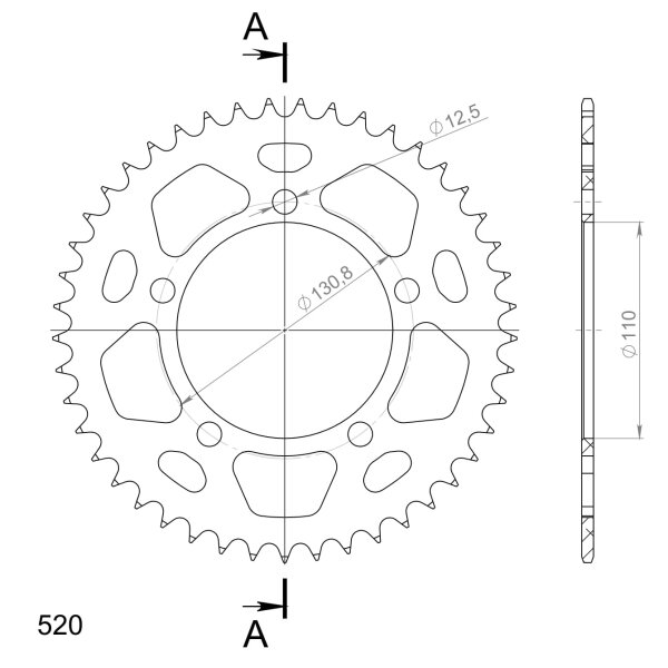 Supersprox Alu-Kettenrad 520 - 45Z (rot) RAL-7_520:45-RED|ID 110,0 LK 130,8 5-Loch