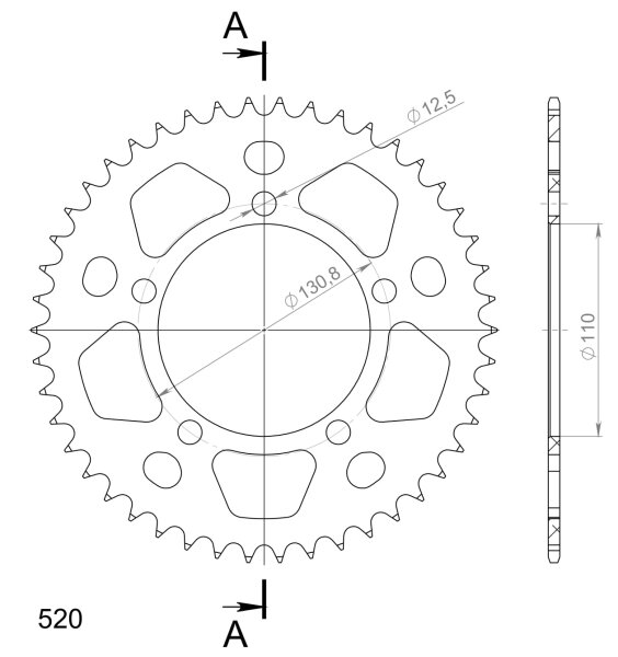 Supersprox Alu-Kettenrad 520 - 46Z (rot) RAL-7_520:46-RED|ID 110,0 LK 130,8 5-Loch