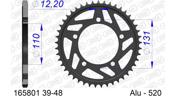 DC AFAM Alu-Kettenrad 520 - 44Z (Gun Metal) 165801-44 | ID 110 LK 131 5-Loch Harteloxiert