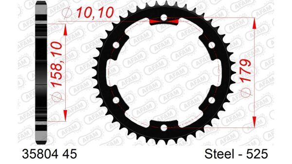 DC AFAM Stahl-Kettenrad 525 - 45Z (Schwarz) 35804-45| ID 158,1 LK 179 6-Loch