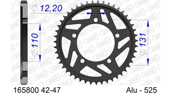 DC AFAM Alu-Kettenrad 525 - 47Z (Gun Metal) 165800-47 | ID 110 LK 131 5-Loch Harteloxiert