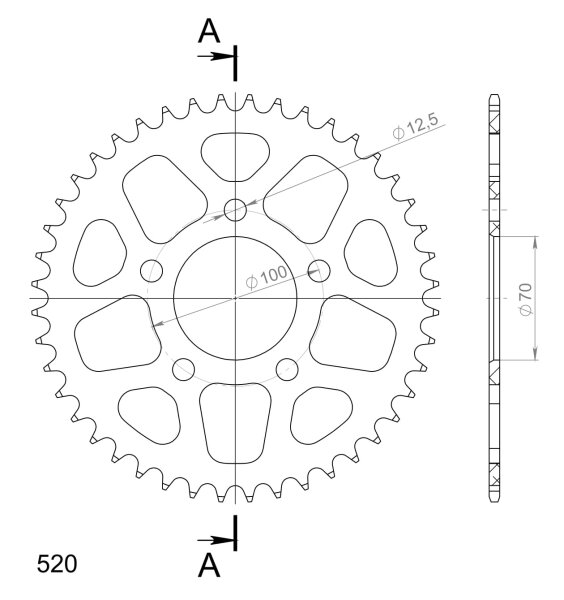 Supersprox Alu-Kettenrad 520 - 44Z (rot) RAL-728:44-RED|ID 70,0 LK 100,0 5-Loch