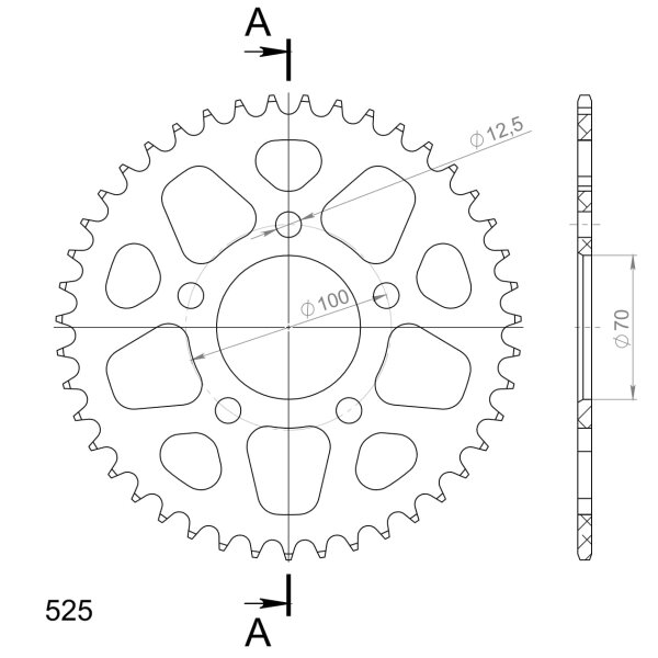 Supersprox Alu-Kettenrad 525 - 43Z (rot) RAL-727:43-RED|ID 70,0 LK 100,0 5-Loch