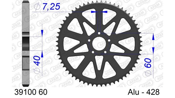 DC AFAM Alu-Kettenrad 428 - 60Z (Silber) 39100-60 | ID 40 LK 60 5-Loch