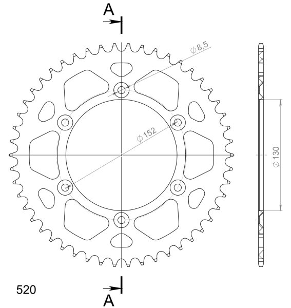 Supersprox Alu-Kettenrad 520 - 50Z (silber) RAL-244:50-SLV|ID 130,0 LK 152,0 6-Loch