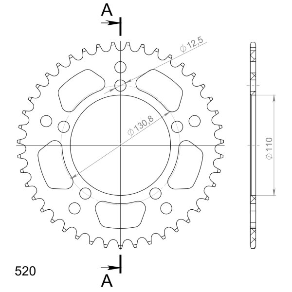 Supersprox Alu-Kettenrad 520 - 43Z (rot) RAL-7_520:43-RED|ID 110,0 LK 130,8 5-Loch