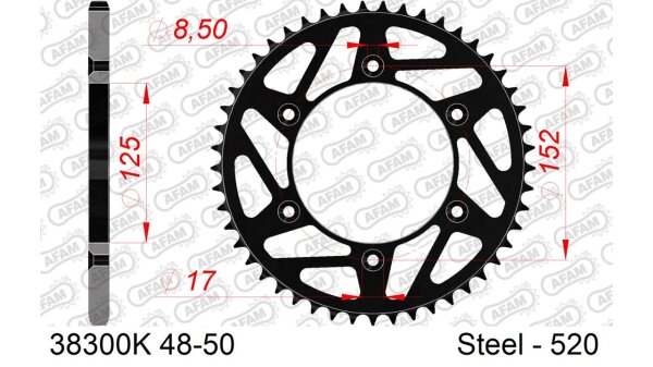 DC AFAM MX Stahl-Kettenrad 520 - 48Z (Schwarz) 38300K-48| ID 125 LK 152 6-Loch