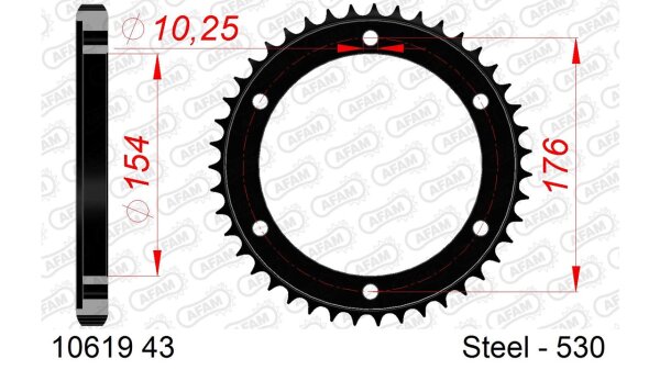 DC AFAM Stahl-Kettenrad 530 - 43Z (Schwarz) 10619-43| ID 154 LK 176 6-Loch