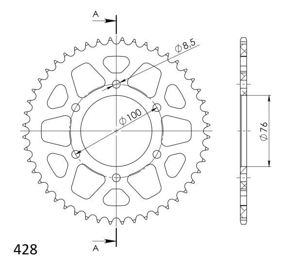 Supersprox Alu-Kettenrad 428 - 48Z (rot) RAL-1844:48-RED|ID 76,0 LK 100,0 6-Loch