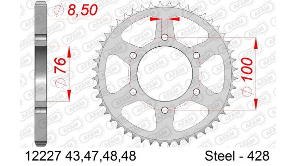 DC AFAM Stahl-Kettenrad 428 - 52Z (Silber) 12227-52| ID 76 LK 100 6-Loch