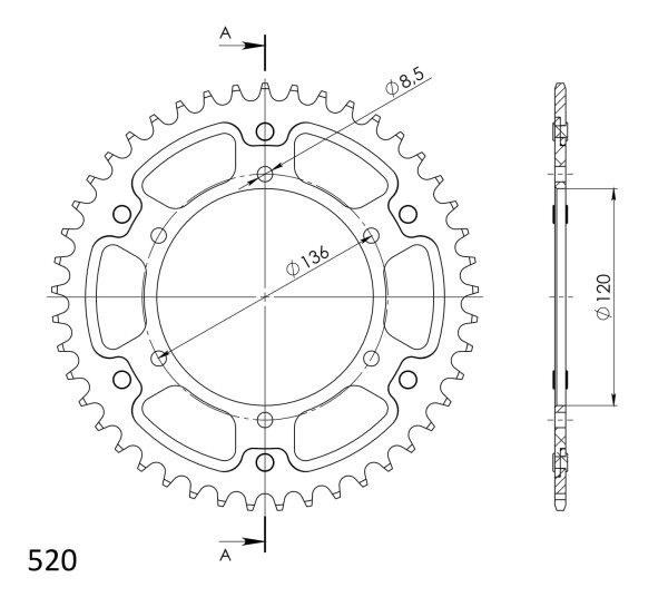 Supersprox Stealth-Kettenrad 520 - 45Z (silber) RST-846:45-SLV|ID 120,0 LK 136,0 6-Loch