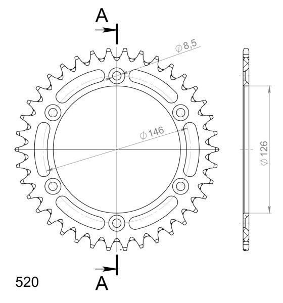 Supersprox Alu-Kettenrad 520 - 38Z (gold) RAL-808:38-GLD|ID 126,0 LK 146,0 6-Loch