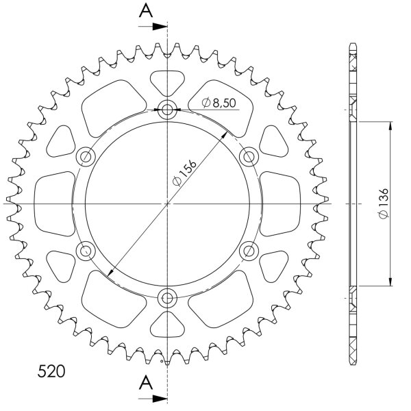 Supersprox Alu-Kettenrad 520 - 49Z (silber) RAL-1512:49-SLV|ID 136,0 LK 156,0 6-Loch