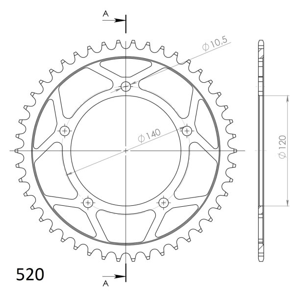 Supersprox Alu-Kettenrad 520 - 46Z (gold) RAL-1793:46-GLDID 120,0 LK 140,0 5-Loch