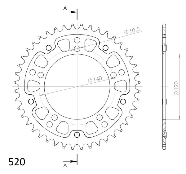 Supersprox Stealth-Kettenrad 520 - 44Z (gold) RST-1793:44-GLD|ID 120,0 LK 140,0 5-Loch