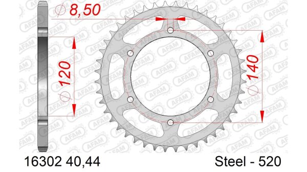 DC AFAM Stahl-Kettenrad 520 - 40Z (Silber) 16302-40| ID 120 LK 140 6-Loch