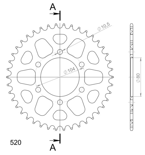 Supersprox Alu-Kettenrad 520 - 42Z (gold) RAL-478:42-GLD|ID 80,0 LK 104,0 6-Loch