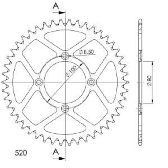 Supersprox Alu-Kettenrad 520 - 46Z (silber) RAL-2802/2:46-SLV|ID 80,0 LK 100,0 4-Loch