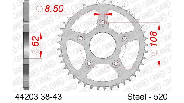 DC AFAM Stahl-Kettenrad 520 - 41Z (Silber) 44203-41| ID 62 LK 108 5-Loch