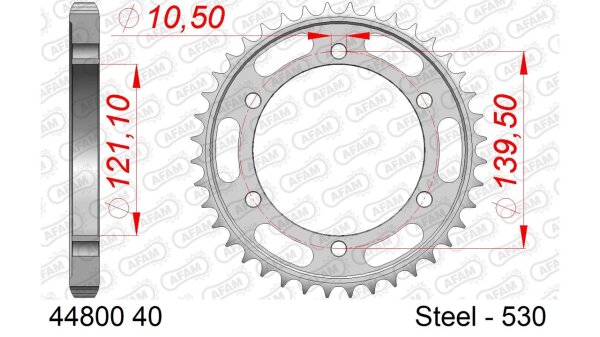 DC AFAM Stahl-Kettenrad 530 - 40Z (Silber) 44800-40| ID 121,1 LK 139,5 6-Loch