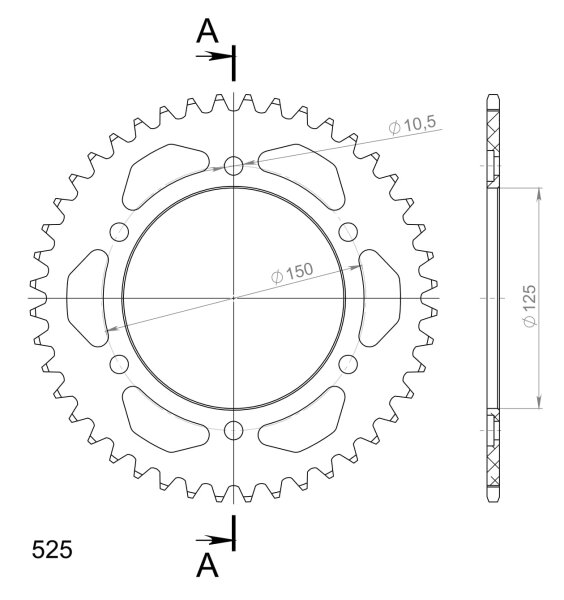 Supersprox Alu-Kettenrad 525 - 44Z (orange) RAL-899:44-ORG|ID 125,0 LK 150,0 6-Loch