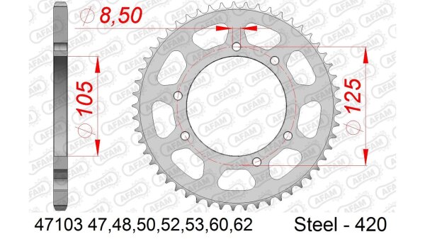 DC AFAM Stahl-Kettenrad 420 - 60Z (Silber) 47103-60| ID 105 LK 125 6-Loch