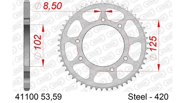 DC AFAM Stahl-Kettenrad 420 - 53Z (Silber) 41100-53| ID 102 LK 125 6-Loch