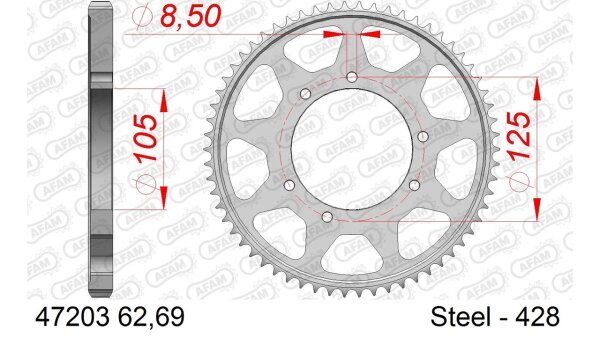 DC AFAM Stahl-Kettenrad 428 - 69Z (Silber) 47203-69| ID 105 LK 125 6-Loch