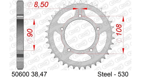 DC AFAM Stahl-Kettenrad 530 - 47Z (Silber) 50600-47| ID 90 LK 108 5-Loch