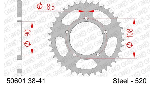 DC AFAM Stahl-Kettenrad 520 - 41Z (Silber) 50601-41| ID 90 LK 108 5-Loch