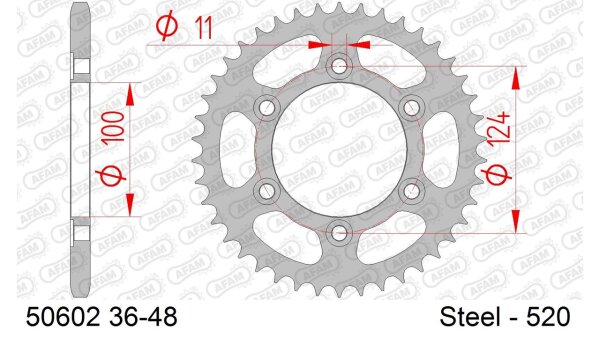 DC AFAM Stahl-Kettenrad 520 - 38Z (Silber) 50602-38| ID 100 LK 124 6-Loch