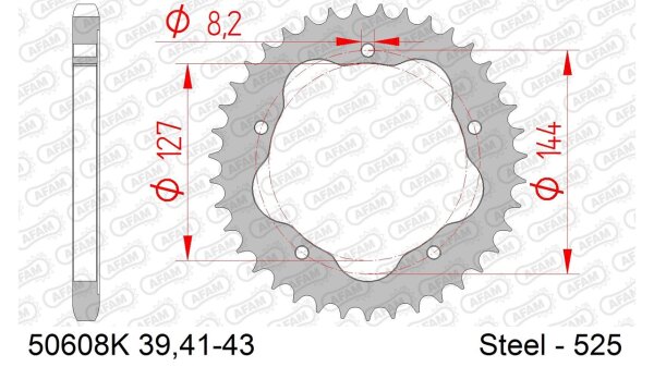 DC AFAM Stahl-Kettenrad 525 - 43Z PCD (Schwarz) 50608K-43| ID 127 LK 144 5-Loch