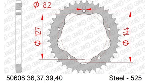 DC AFAM Stahl-Kettenrad 525 - 39Z PCD (Silber) 50608-39| ID 127 LK 144 5-Loch