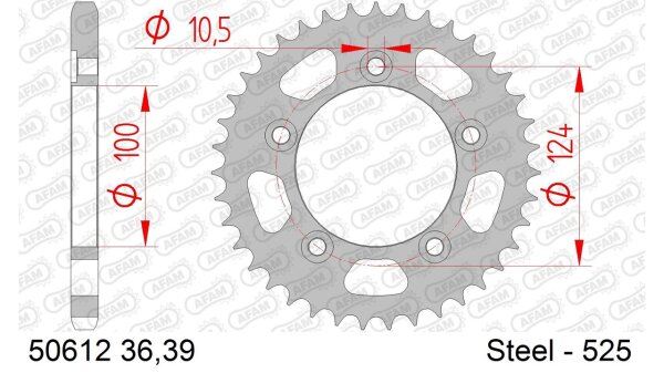 DC AFAM Stahl-Kettenrad 525 - 39Z (Silber) 50612-39| ID 100 LK 124 5-Loch