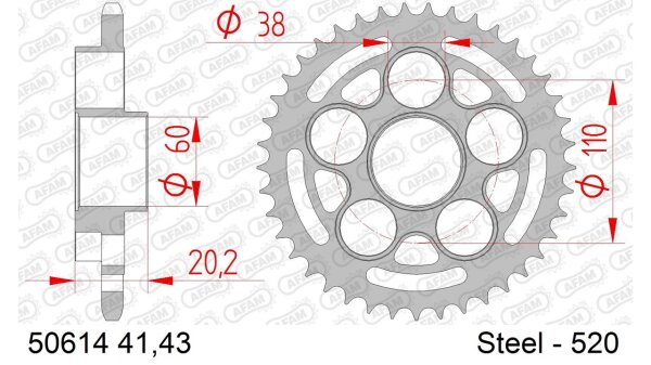 DC AFAM Stahl-Kettenrad 520 - 41Z (Silber) 50614-41| ID 60 LK 110 5-Loch