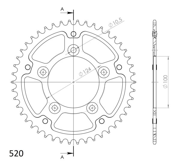 Supersprox Stealth-Kettenrad 520 - 44Z (silber) RST-743:44-SLV|ID 100,0 LK 124,0 5-Loch