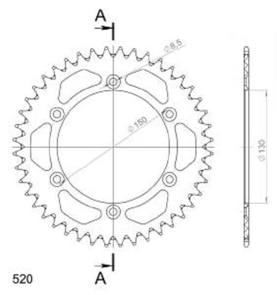 Supersprox Alu-Kettenrad 520 - 44Z (silber) RAL-245:44-SLV|ID 130,0 LK 150,0 6-Loch