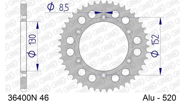 DC AFAM Alu-Kettenrad 520 - 46Z (Silber) 36400N-46 | ID 130 LK 152 6-Loch